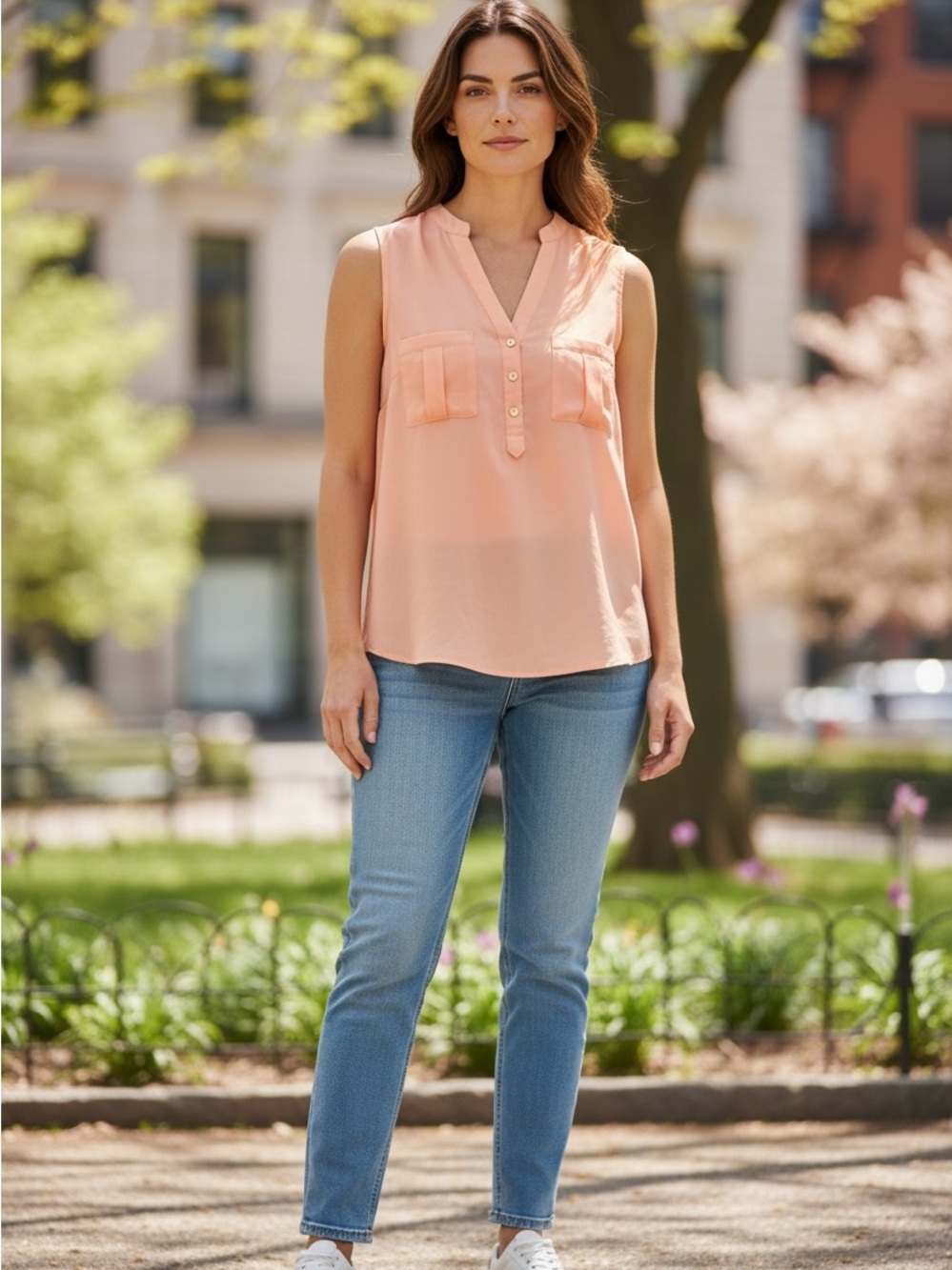 Charlotte Russe Peach Sleeveless V-Neck Button Tank Top
